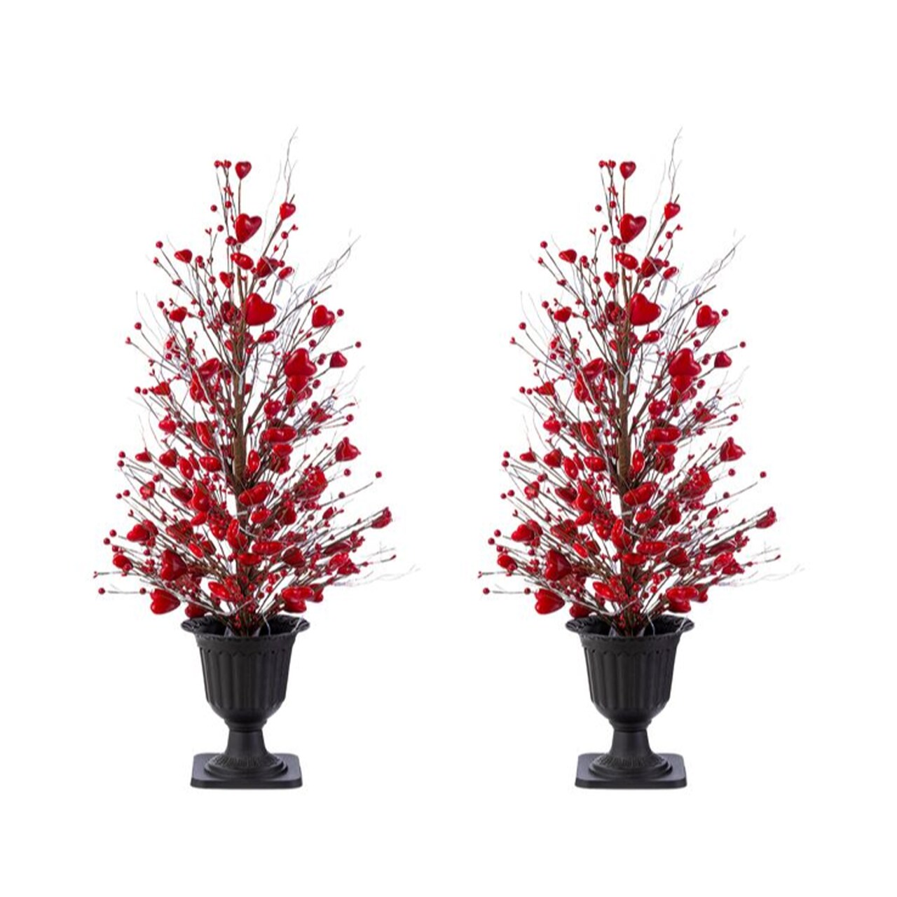 Set of 2 36"H Valentine's Lighted Red Berry Heart Urn Porch Tree,w/Timer